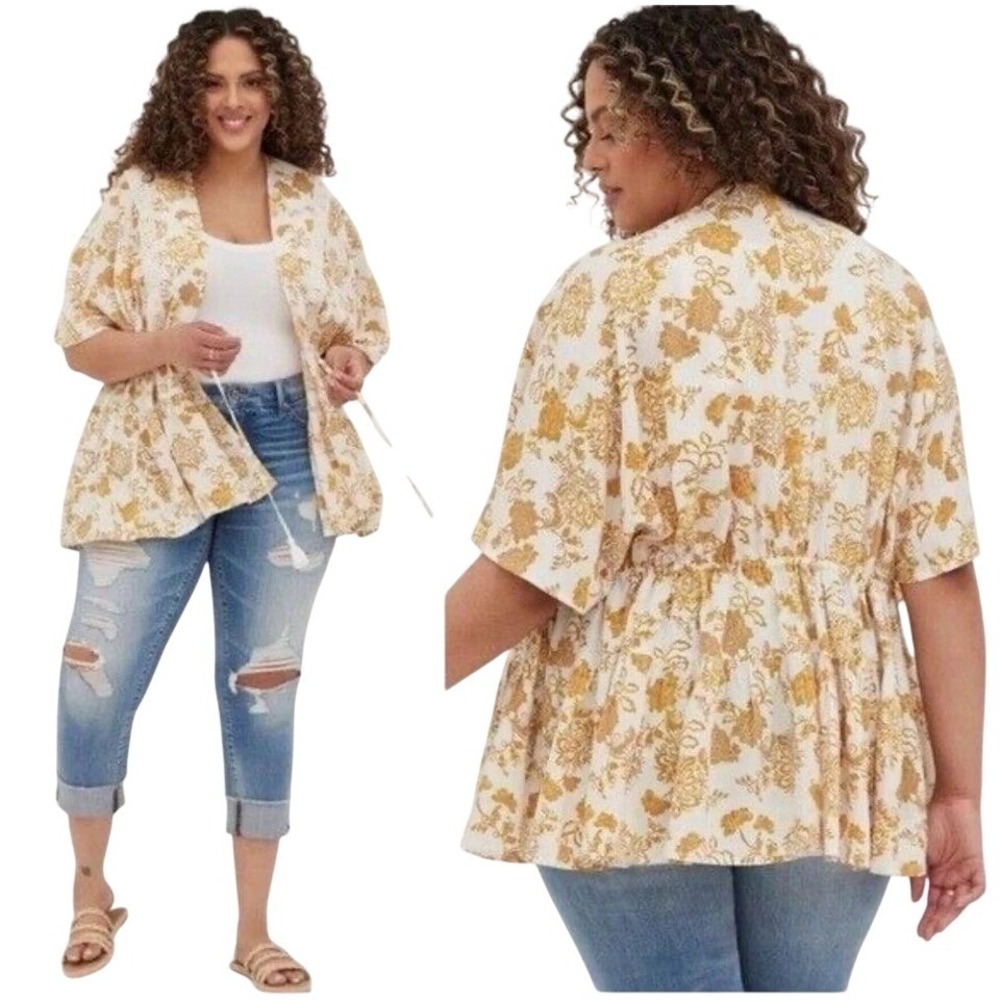 Torrid Floral Kimono Cardigan 4 Yellow White Lace Trim Tassel Tie‎ Boho flowy